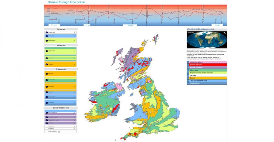 Climate through time online is an interactive version of the poster map, but includes examples of where you might find some of the rock types in the UK and Ireland.
