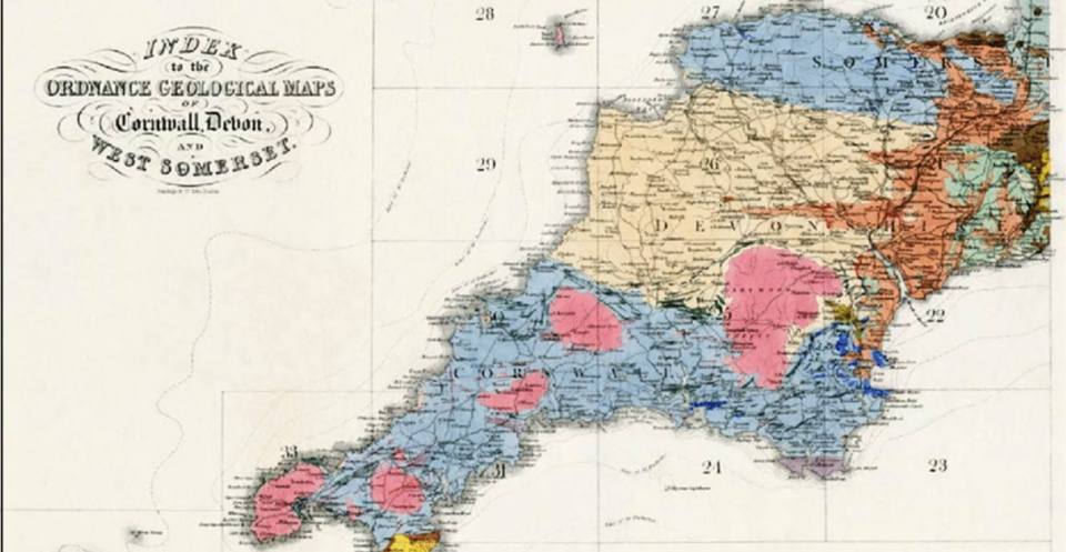 Index map from the Geological Survey's first publication Report on the geology of Cornwall, Devon, and West Somerset, issued February 1839.