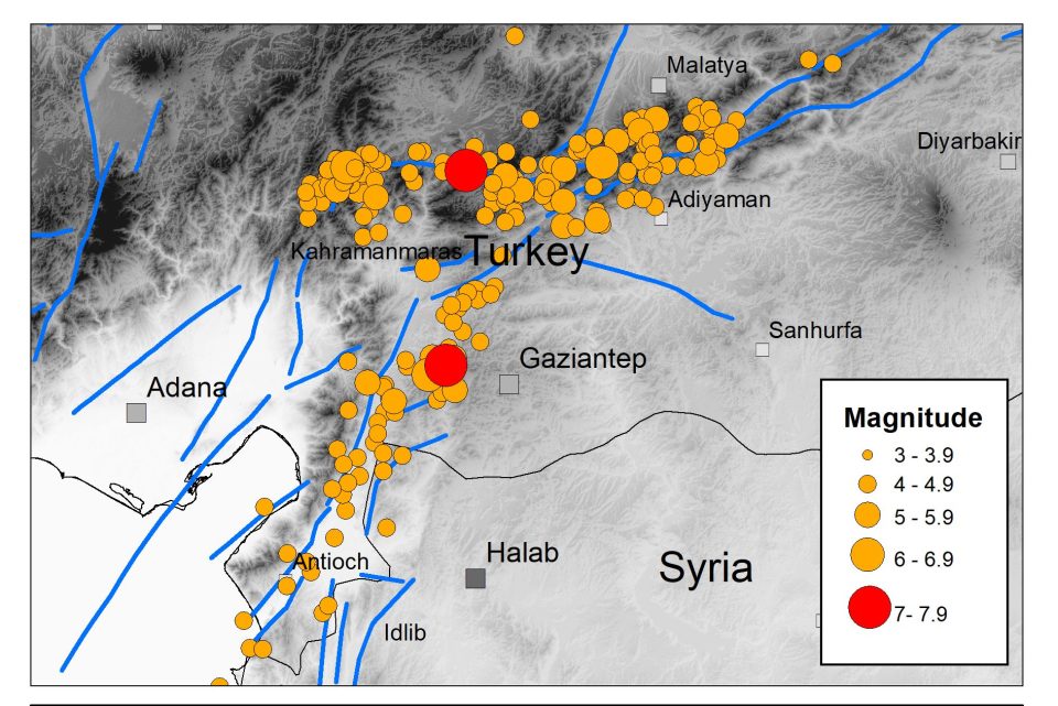 A map of the southern Turkey/northern Syria area showing fault lines in blue and the epicentres of the two major earthquakes of 6 February 2023 as red circles and many aftershocks as yellow circles.