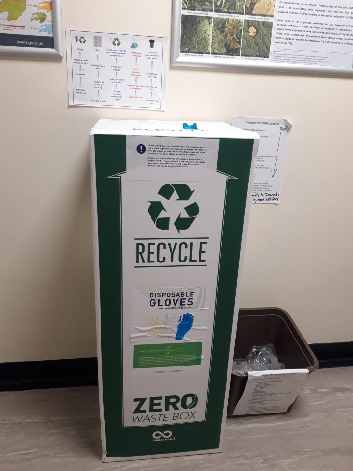 A glove recycling bin in the laboratories. BGS © UKRI