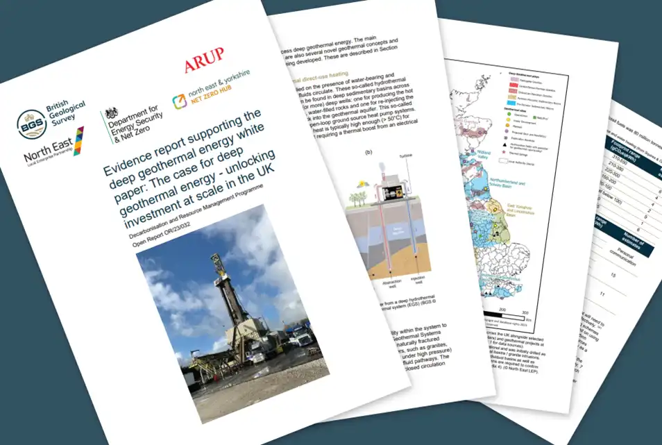 Geothermal evidence report, titled ‘Evidence report supporting the deep geothermal energy White Paper: the case for deep geothermal energy – unlocking investment at scale in the UK.’ BGS © UKRI.