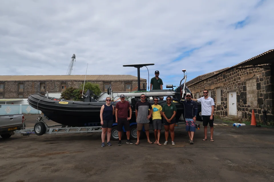 Rhys and Catriona with members of the AIG conservation team following setup of the survey equipment on board AIG boat Moray. ©AIG/Lorna.